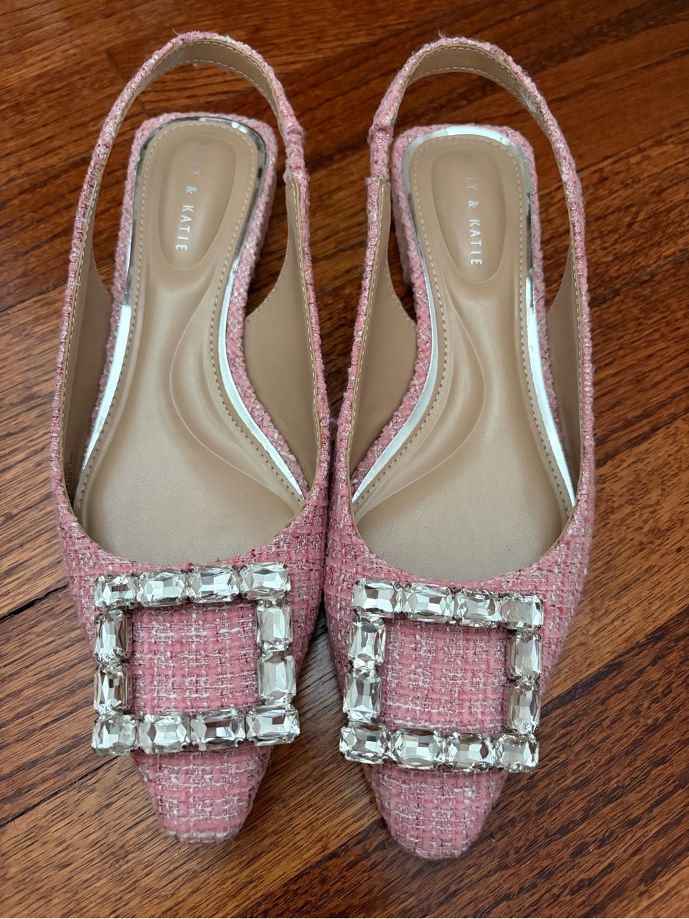 Kelly & Katie Pink Tweed Slingback Flats with Crystal Buckle